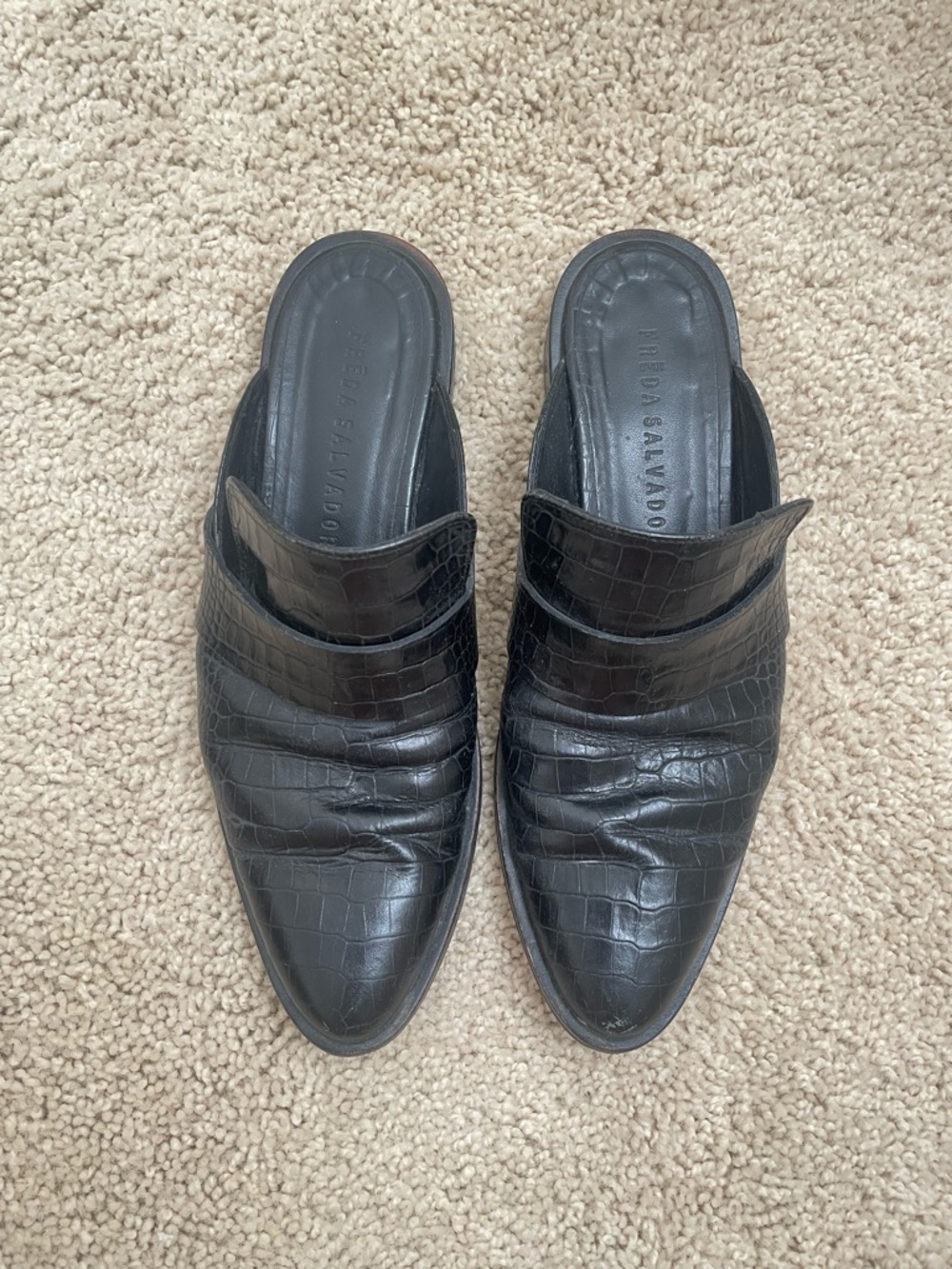 Freda Salvador Black Croc-Embossed Pointed Leather Mules